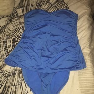 Blue strapless one piece bathing suit